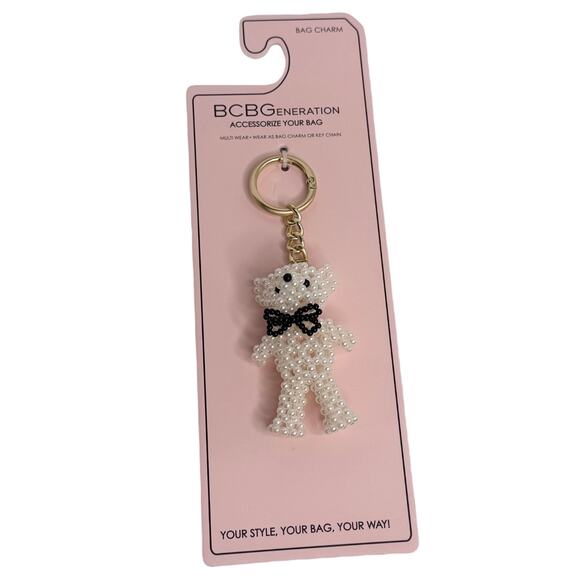 BcbGeneration Teddy Bear Bag Charm Pearls White Black Bow Handbag Key Ring New - Picture 8 of 9